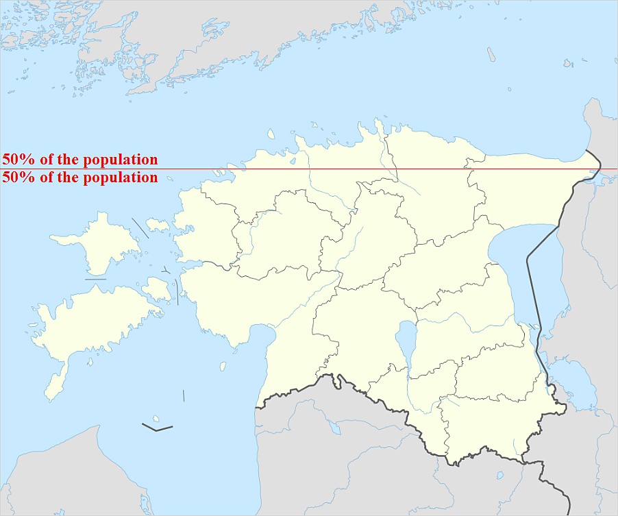 50% Estończyków mieszka na północ od zaznaczonej linii / druga połowa na południe od tej linii