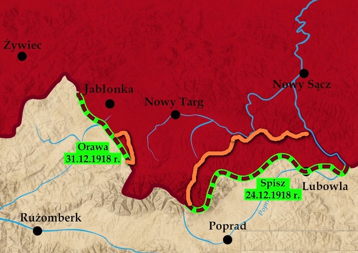 31.12.1918 r. w Chyżnem podpisane zostało polsko-czechosłowackie porozumienie graniczne (pomarańczowo obecna granica)