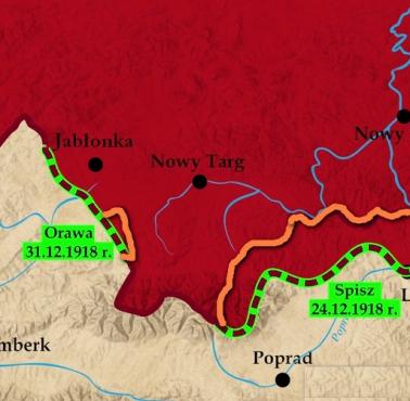 31.12.1918 r. w Chyżnem podpisane zostało polsko-czechosłowackie porozumienie graniczne (pomarańczowo obecna granica)