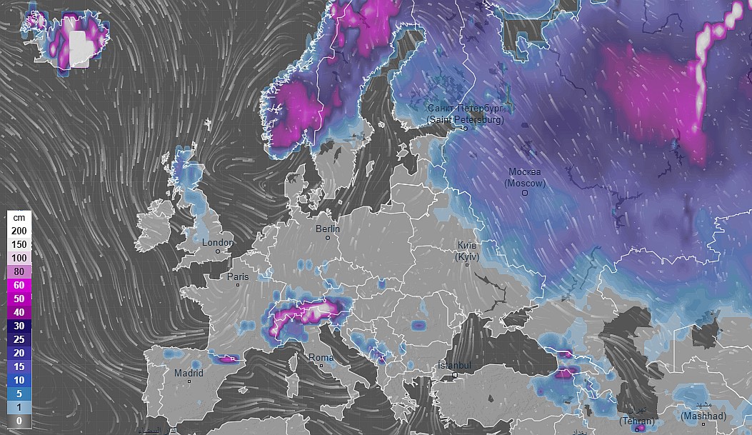 Pokrywa śnieżna w Europie - rano 31.12.2020