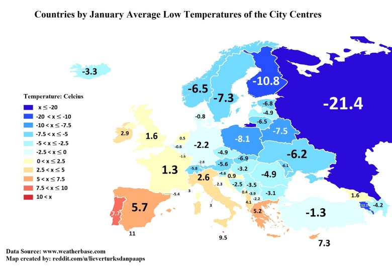 Średnie temperatury w styczniu w dużych miastach w Europie