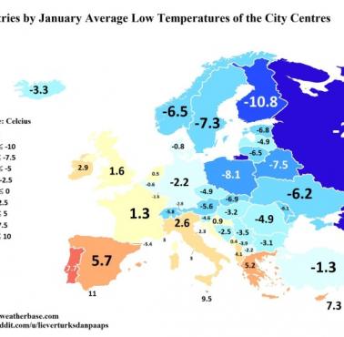 Średnie temperatury w styczniu w dużych miastach w Europie