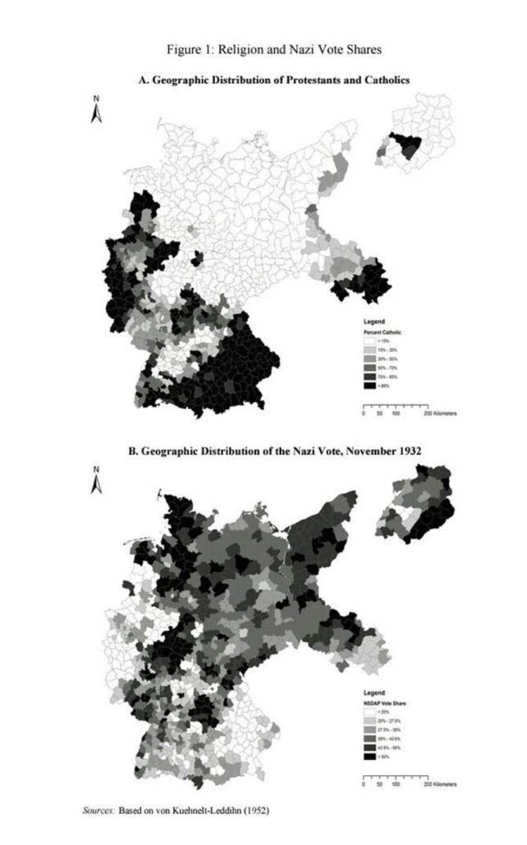 Głosy oddane na NSDAP w wyborach 1932 roku skorelowane z mapą wyznaniową III Rzeszy (spis 1934)