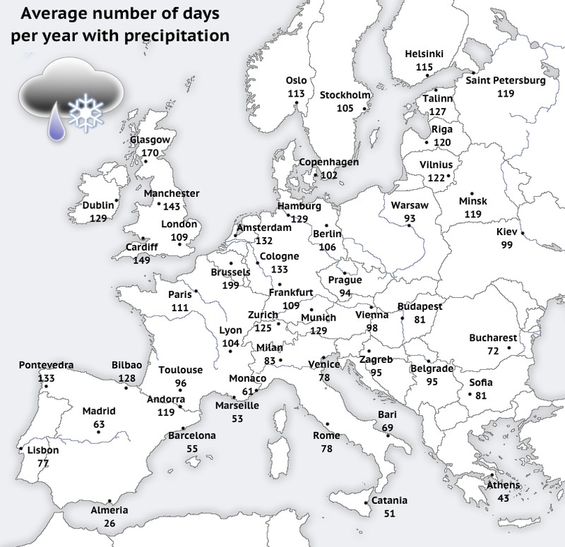 Średnia liczba dni w roku z opadami deszczu w Europie