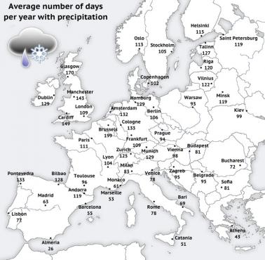 Średnia liczba dni w roku z opadami deszczu w Europie
