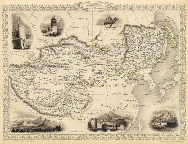 Chiny w 1851 roku, Tybet, Mongolia i Mandżuria, z atlasu świata Tallisa (1851) - widać obszary do dzisiaj okupowane przez Rosję