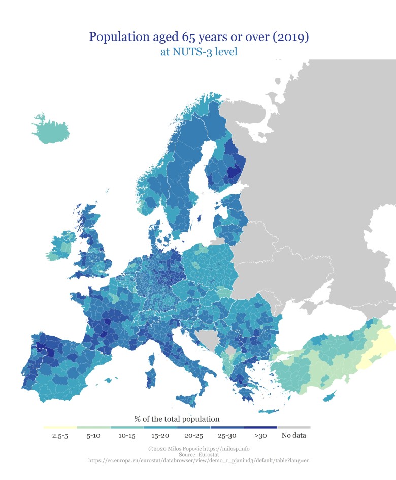 Odsetek ludności w wieku powyżej 65 lat w Europie, 2019