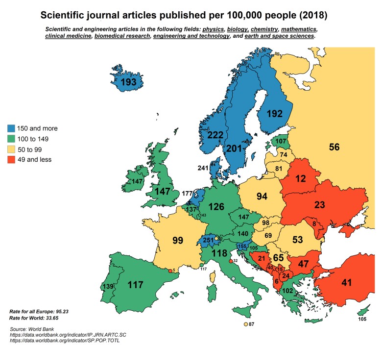 Artykuły naukowe opublikowane w Europie na 100 tys. osób, 2018