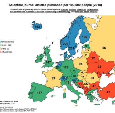 Artykuły naukowe opublikowane w Europie na 100 tys. osób, 2018