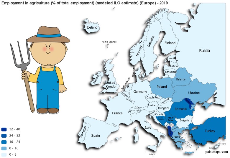 Zatrudnieni w rolnictwie (% całkowitego zatrudnienia) w Europie, 2019