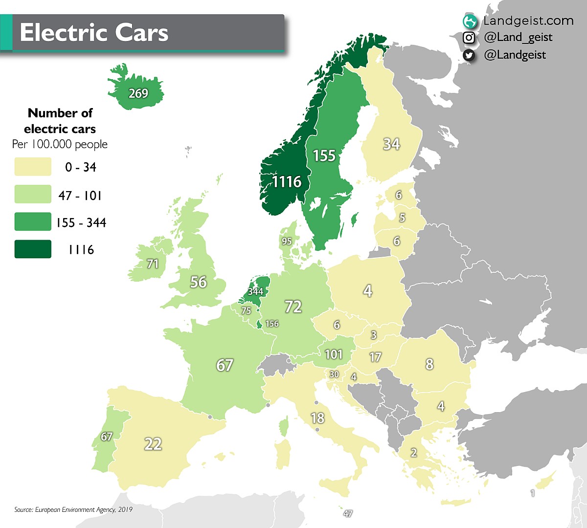 Samochody elektryczne na 100 tys. osób, 2019