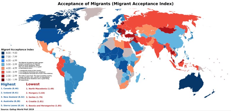 Akceptacja dla imigrantów na świecie, 2019