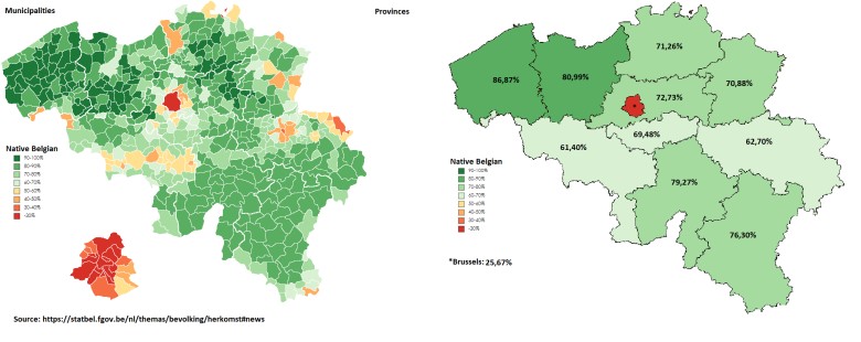 Rdzenni Belgowie jako procent całkowitej populacji, 2020