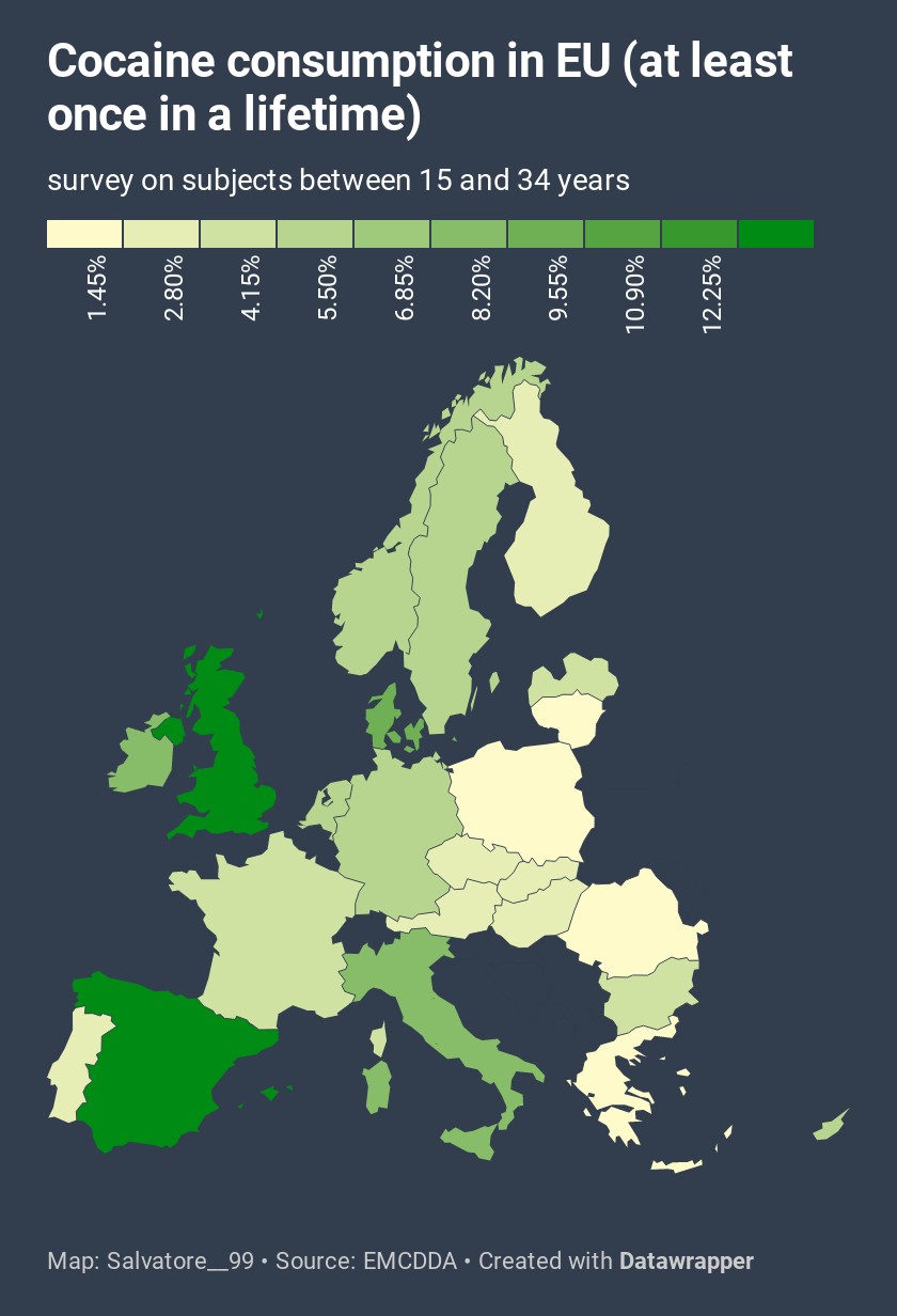 Odsetek młodych osób (15-34), które sięgnęły po kokainę w Europie