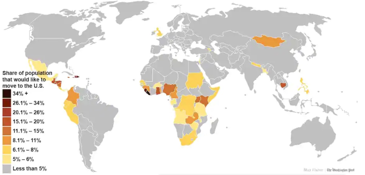 Mapa osób, które chcą przenieść się do USA (2013 / Washington Post)