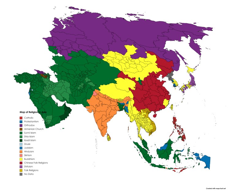 Mapa religii w Azji, 2020. W Chinach wyraźnie zaczyna dominować chrześcijaństwo