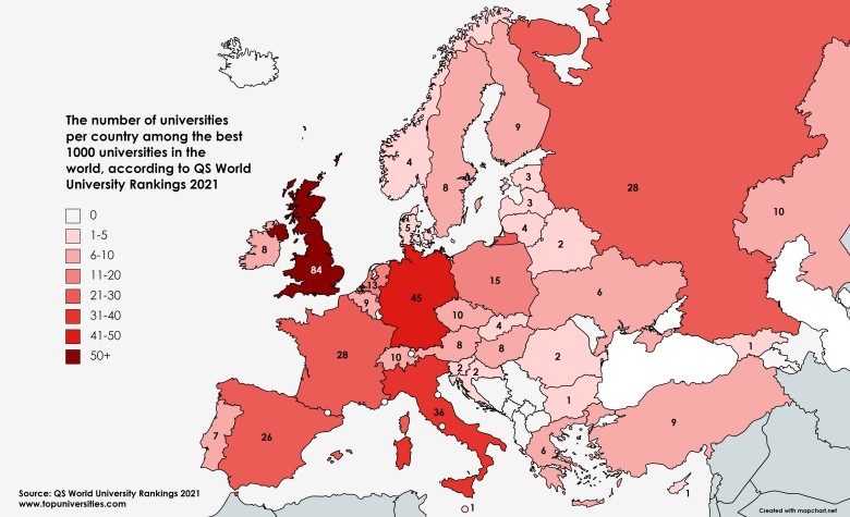 Liczba uniwersytetów w kraju wśród 1000 najlepszych uniwersytetów na świecie według QS World University Rankings 2021