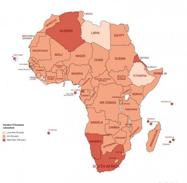 Okres kolonialny (w latach) wszystkich współczesnych państw afrykańskich