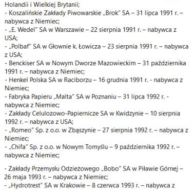 Lista przedsiębiorstw, które resort ministra J.Lewandowskiego sprzedał obcemu kapitałowi