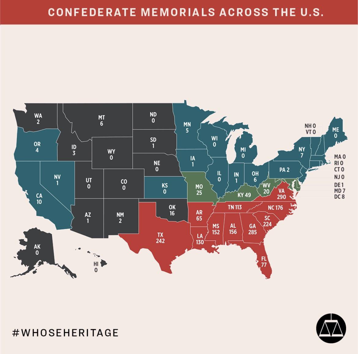 Pomniki Konfederacji w poszczególnych stanach USA