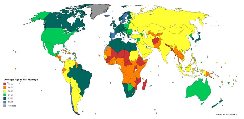 Mapa średniego wieku zawierania pierwszego małżeństwa na świecie