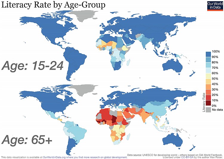 Wskaźnik alfabetyzacji według mapy grupy wiekowej