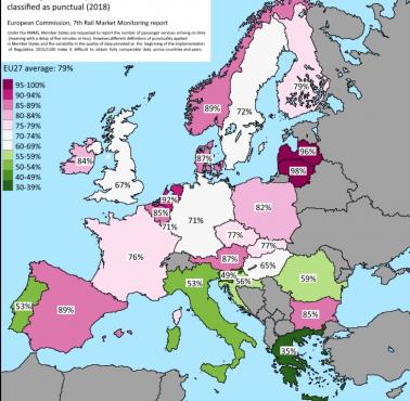 Punktualność pociągów w całej UE, Wielkiej Brytanii i Norwegii, 2018