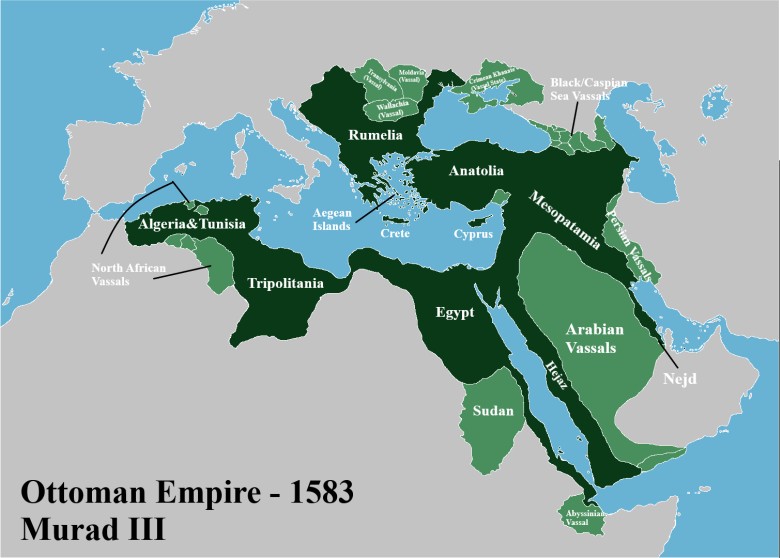 Zasięg Imperium Osmańskiego w 1587 roku w czasach Murada III