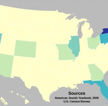 Żydzi w USA z podziałem na stany, 2020