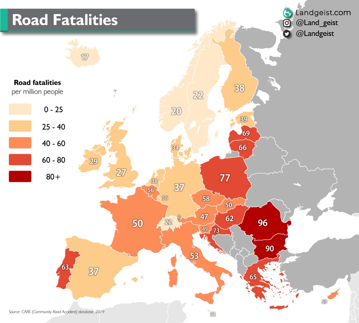 Wypadki śmiertelne na drogach w Europie na milion osób, 2019