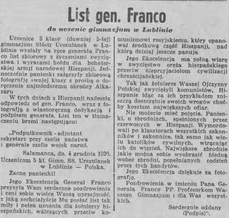 List gen. Franco do uczniów gimnazjum w Lublinie, grudzień 1936