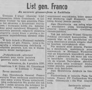 List gen. Franco do uczniów gimnazjum w Lublinie, grudzień 1936