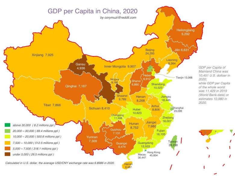 PKB per capita w Chinach, 2020