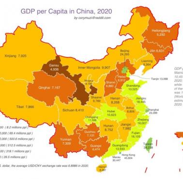 PKB per capita w Chinach, 2020