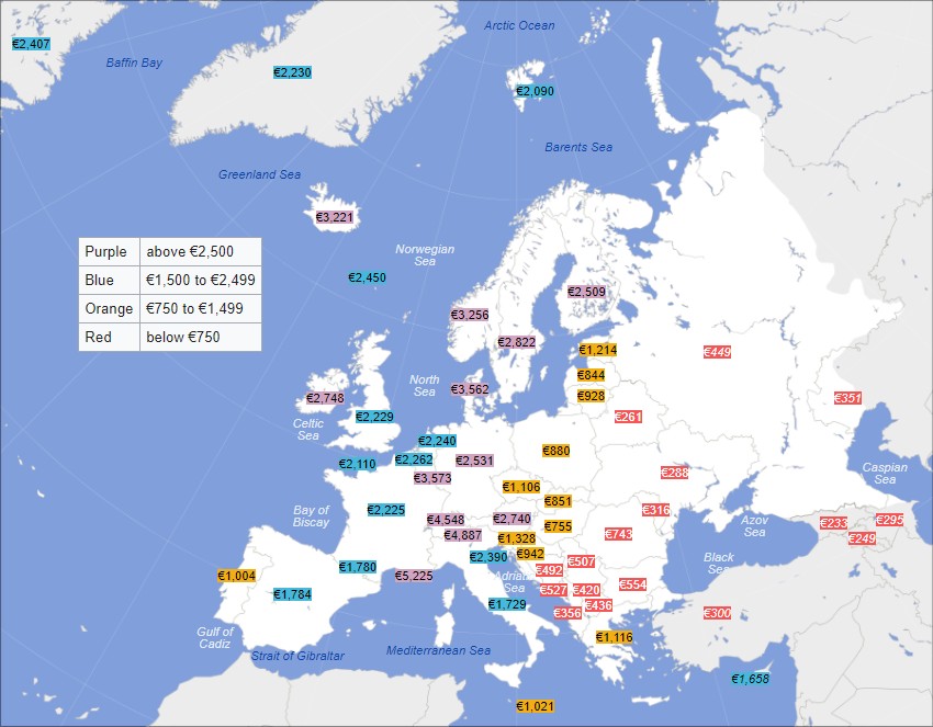 Mapa przedstawiająca średnie miesięczne wynagrodzenie w Europie