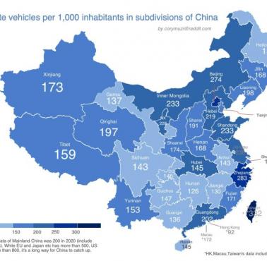 Prywatne pojazdy na 1000 mieszkańców w regionach Chin