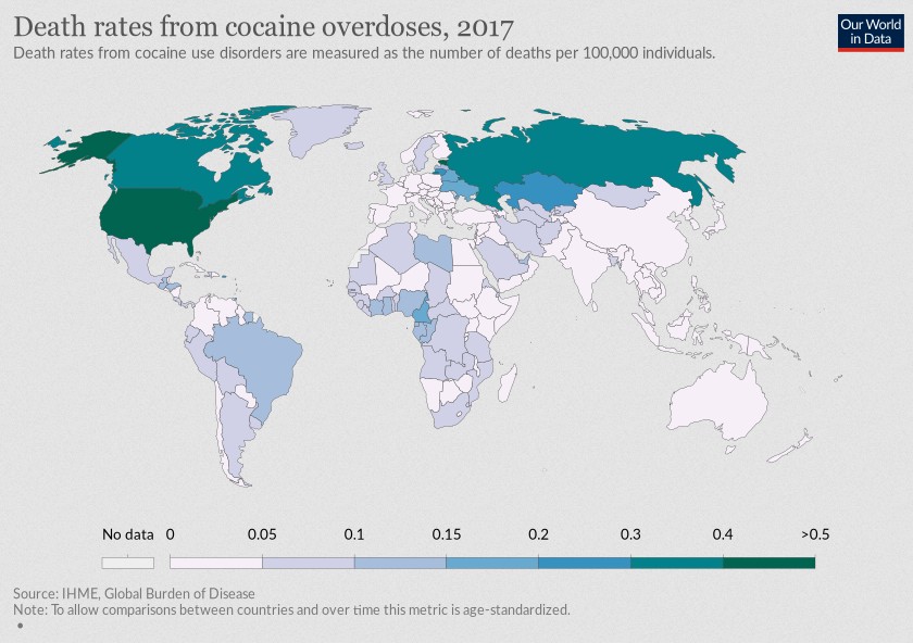 Wskaźniki śmiertelności z powodu przedawkowania kokainy, 2017