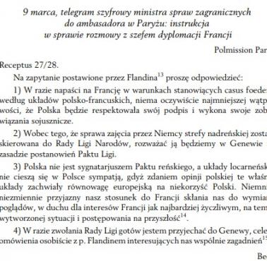 Remilitaryzacja Nadrenii a stosunki polsko-francuskie. 9 marca 1936 r., telegram szyfrowy ministra spraw zagranicznych do ...