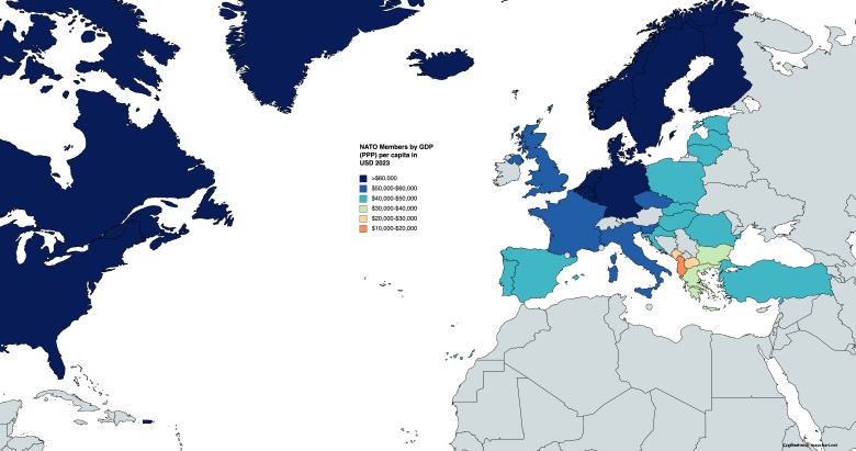 Członkowie NATO według PKB (PPP) na mieszkańca w USD w 2023 r.