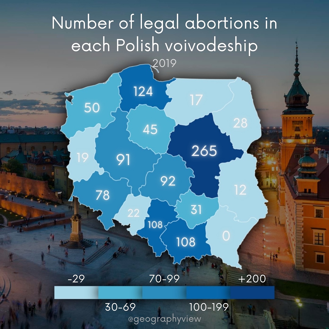 Liczba legalnych aborcji w każdym polskim województwie, 2019