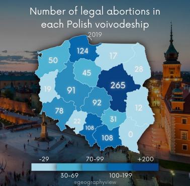 Liczba legalnych aborcji w każdym polskim województwie, 2019