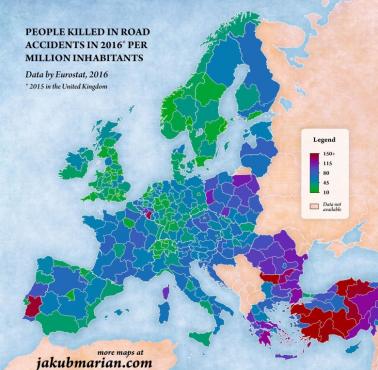 Liczba śmiertelnych wypadków drogowych na 1 milion osób w Europie, 2016