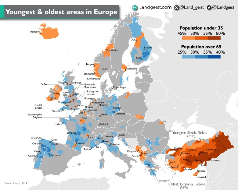 Najmłodsze i najstarsze regiony Europy. Regiony NUTS 3 z najwyższym udziałem osób w wieku powyżej 65 lat lub poniżej 35 lat,2019