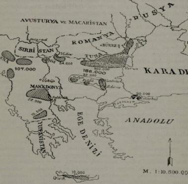 Rozmieszczenie wojsk tureckich (osmańskich) na Bałkanach, 1877, z uwzględnieniem ilości