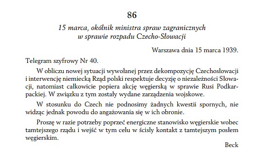 15 marca 1939, okólnik ministra spraw zagranicznych w sprawie rozpadu Czecho-Słowacji