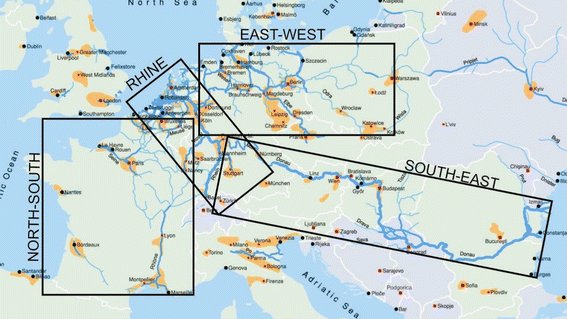 Niebieskie linie to europejskie szlaki żeglugowe