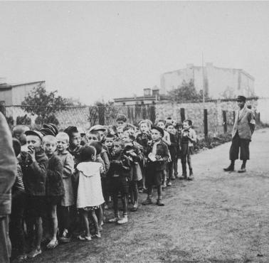 Na zdjęciu żydowskie dzieci z letniej koloni w Marysinie prowadzone na śmierć do "SS-Sonderkommando Kulmhof"