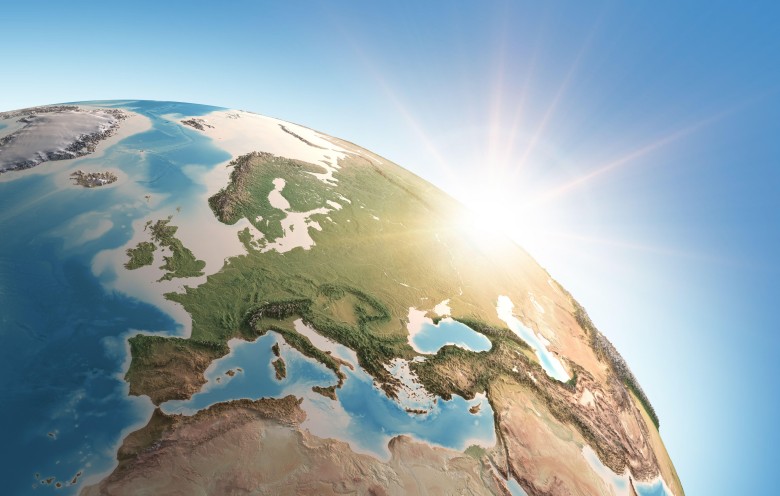 Bardzo szczegółowy widok 3D Ziemi skoncentrowany na Europie, Afryce Północnej, Lewancie i części Bliskiego Wschodu, NASA