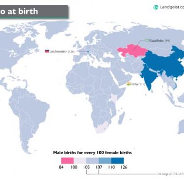 Stosunek liczby chłopców i dziewcząt urodzonych w każdym kraju