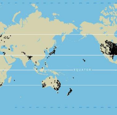Obszary występowania tornad na świecie w latach 1973-1977